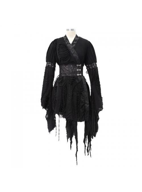 Punk Style Irregular Rag Knit With Double Jacquard Mesh Black Long Sleeved Dress