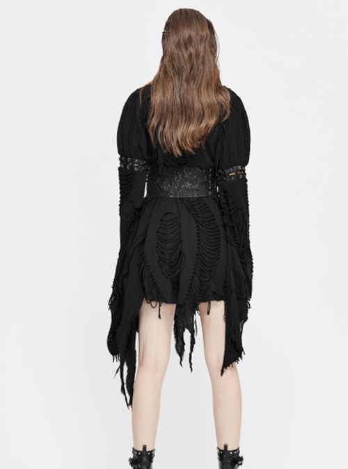 Punk Style Irregular Rag Knit With Double Jacquard Mesh Black Long Sleeved Dress