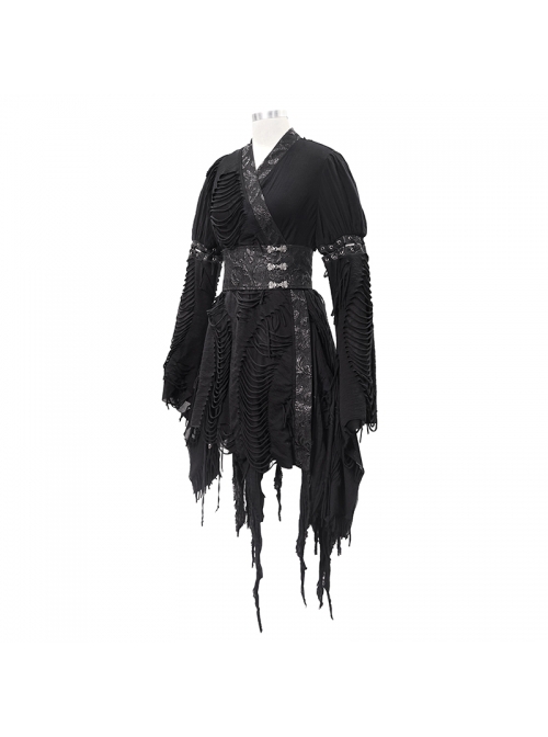 Punk Style Irregular Rag Knit With Double Jacquard Mesh Black Long Sleeved Dress