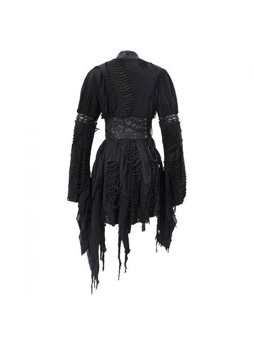 Punk Style Irregular Rag Knit With Double Jacquard Mesh Black Long Sleeved Dress