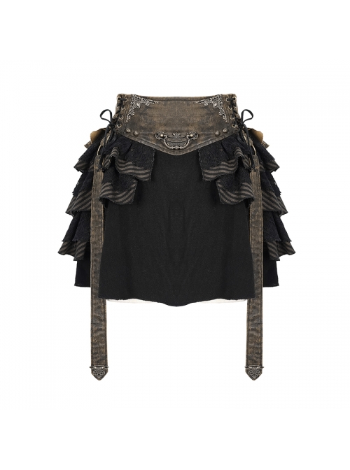 Punk Style Retro Cotton And Linen Washed Leather Splicing Irregular Lace Hem Black And Brown Layered Skirt