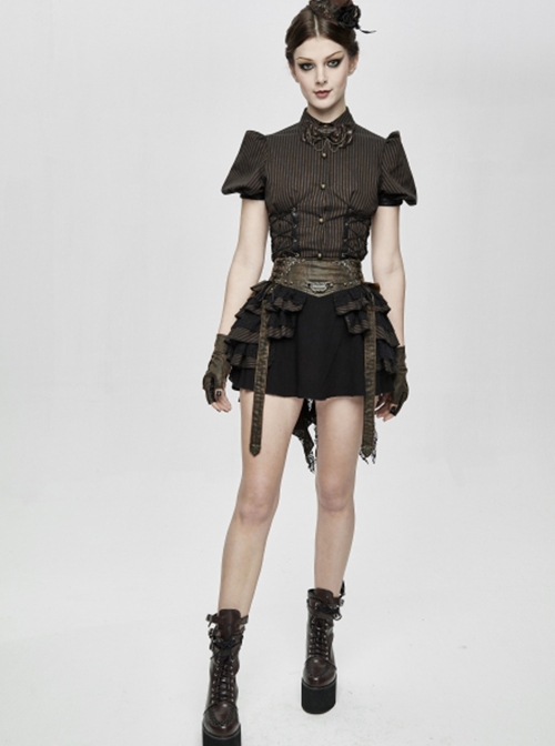 Punk Style Retro Cotton And Linen Washed Leather Splicing Irregular Lace Hem Black And Brown Layered Skirt