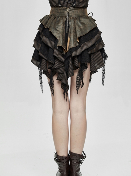 Punk Style Retro Cotton And Linen Washed Leather Splicing Irregular Lace Hem Black And Brown Layered Skirt