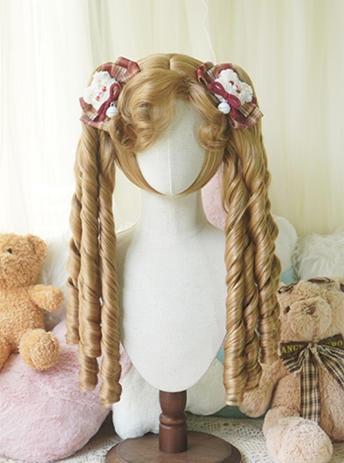 European Aristocratic Retro Long Roman Curly Double Ponytail Braids Sweet Lolita Tiger Mouth Clip Dual Horsetail Wig