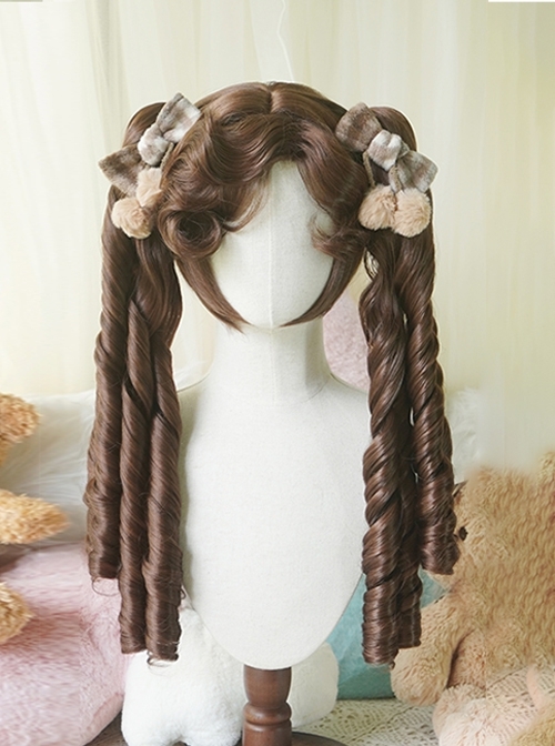 European Aristocratic Retro Long Roman Curly Double Ponytail Braids Sweet Lolita Tiger Mouth Clip Dual Horsetail Wig