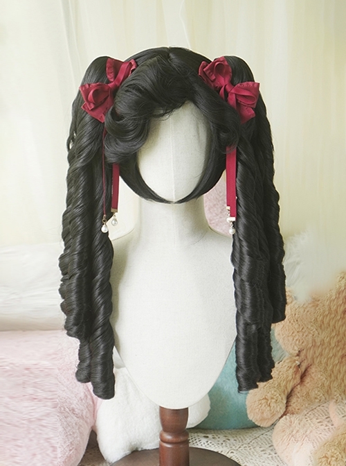 European Aristocratic Retro Long Roman Curly Double Ponytail Braids Sweet Lolita Tiger Mouth Clip Dual Horsetail Wig