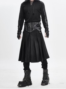 Punk Style Wrinkled Fog Leather Stitching Crack Pattern Fabric Side Metal Ring Decoration Men's Black Skirt