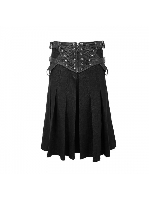 Punk Style Wrinkled Fog Leather Stitching Crack Pattern Fabric Side Metal Ring Decoration Men's Black Skirt