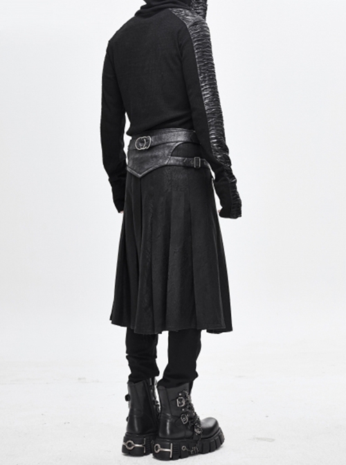 Punk Style Wrinkled Fog Leather Stitching Crack Pattern Fabric Side Metal Ring Decoration Men's Black Skirt