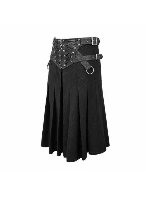 Punk Style Wrinkled Fog Leather Stitching Crack Pattern Fabric Side Metal Ring Decoration Men's Black Skirt