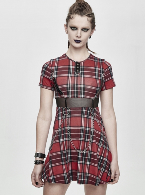 Punk Style Vibrant Grid Pattern Metal Ring At Waist With Detachable Chain Red Daily Short Sleeved Dress