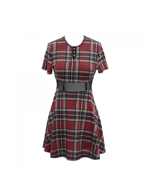 Punk Style Vibrant Grid Pattern Metal Ring At Waist With Detachable Chain Red Daily Short Sleeved Dress