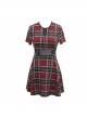 Punk Style Vibrant Grid Pattern Metal Ring At Waist With Detachable Chain Red Daily Short Sleeved Dress