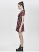 Punk Style Vibrant Grid Pattern Metal Ring At Waist With Detachable Chain Red Daily Short Sleeved Dress