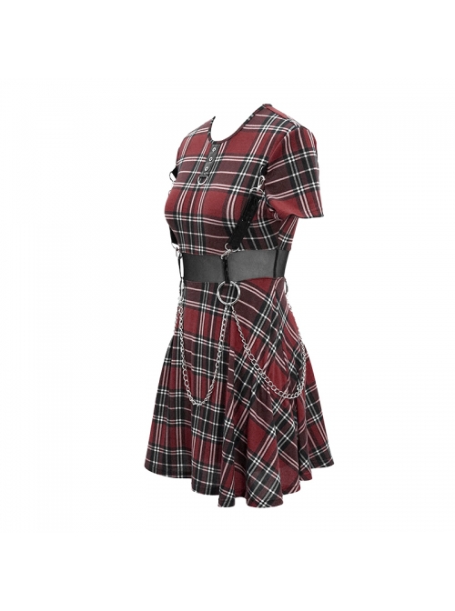 Punk Style Vibrant Grid Pattern Metal Ring At Waist With Detachable Chain Red Daily Short Sleeved Dress