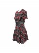 Punk Style Vibrant Grid Pattern Metal Ring At Waist With Detachable Chain Red Daily Short Sleeved Dress