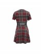 Punk Style Vibrant Grid Pattern Metal Ring At Waist With Detachable Chain Red Daily Short Sleeved Dress