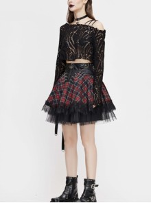 Punk Style Personalized Grid Pattern With Lace Hem Asymmetrical Design Black And Red Adjustable Skirt