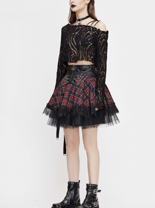 Punk Style Personalized Grid Pattern With Lace Hem Asymmetrical Design Black And Red Adjustable Skirt