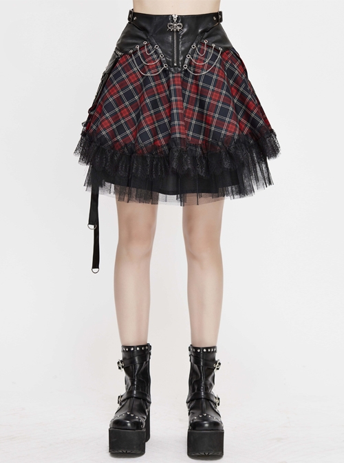 Punk Style Personalized Grid Pattern With Lace Hem Asymmetrical Design Black And Red Adjustable Skirt