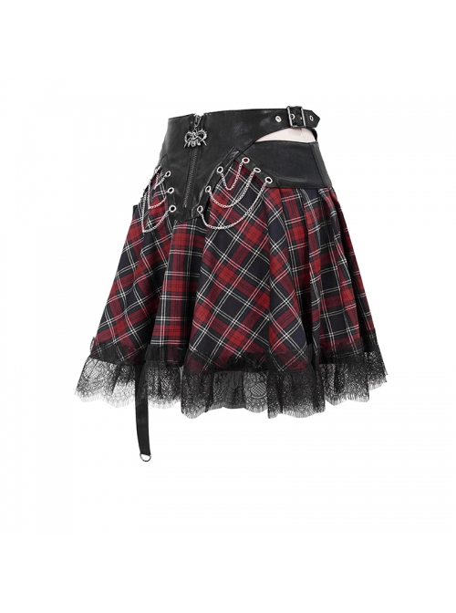 Punk Style Personalized Grid Pattern With Lace Hem Asymmetrical Design Black And Red Adjustable Skirt