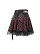 Punk Style Personalized Grid Pattern With Lace Hem Asymmetrical Design Black And Red Adjustable Skirt