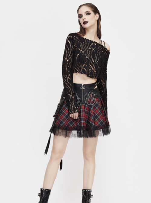 Punk Style Personalized Grid Pattern With Lace Hem Asymmetrical Design Black And Red Adjustable Skirt