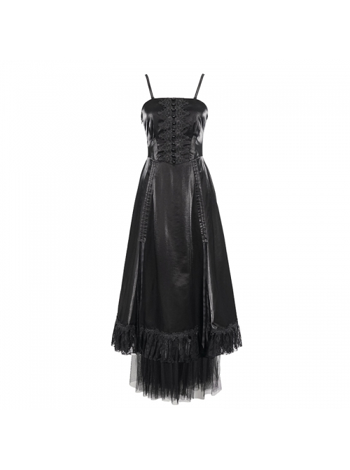 Gothic Style Gorgeous Shiny Braid With Lace Mesh Hem Black Adjustable Suspender Dress