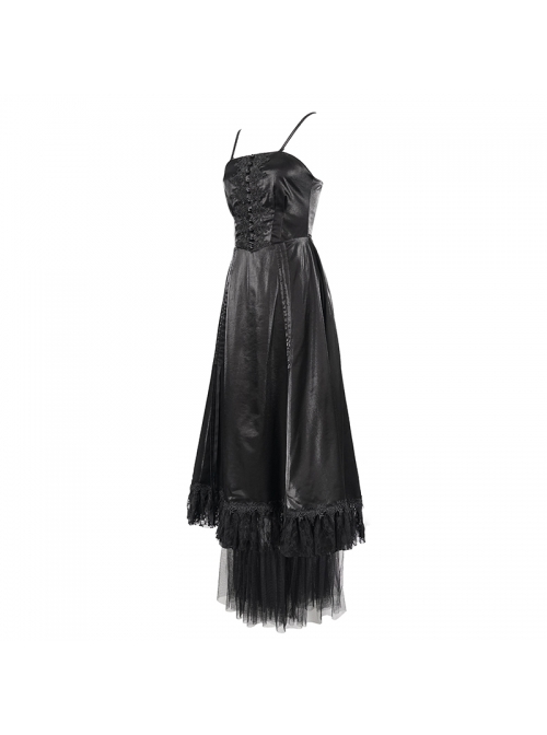 Gothic Style Gorgeous Shiny Braid With Lace Mesh Hem Black Adjustable Suspender Dress