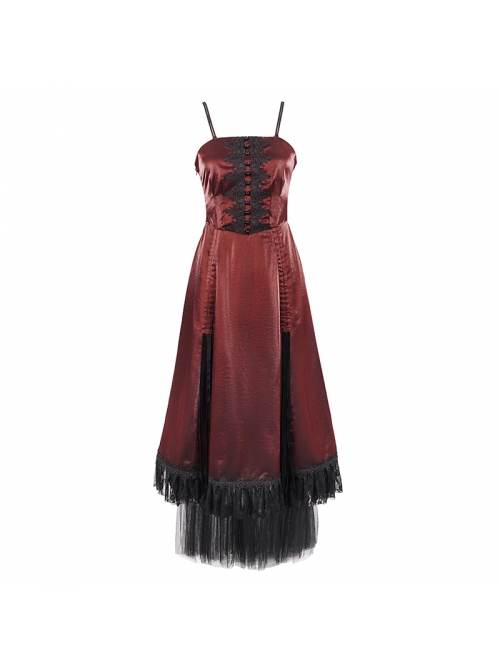 Gothic Style Gorgeous Shiny Braid With Lace Mesh Hem Red Adjustable Suspender Dress