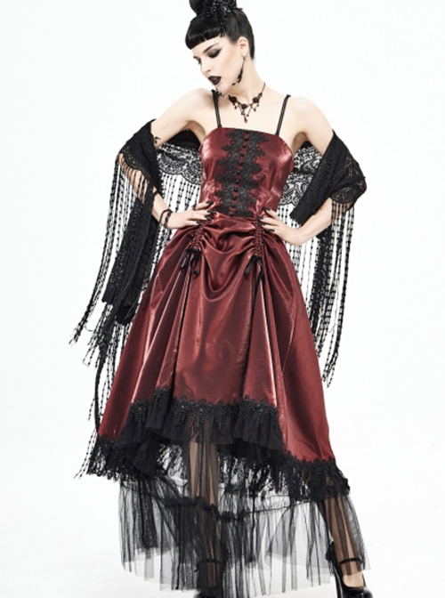 Gothic Style Gorgeous Shiny Braid With Lace Mesh Hem Red Adjustable Suspender Dress