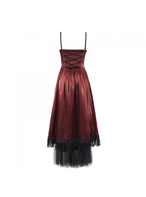 Gothic Style Gorgeous Shiny Braid With Lace Mesh Hem Red Adjustable Suspender Dress