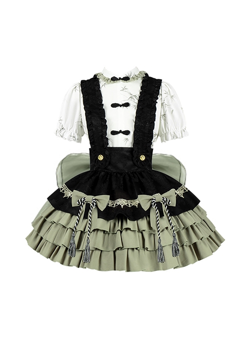 Linglong Series Black Green Chinoiserie Bamboo Leaf Print Elegant Cute Sweet Lolita Ruffles Strap Skirt Shirt Bowknot Set