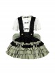 Linglong Series Black Green Chinoiserie Bamboo Leaf Print Elegant Cute Sweet Lolita Ruffles Strap Skirt Shirt Bowknot Set