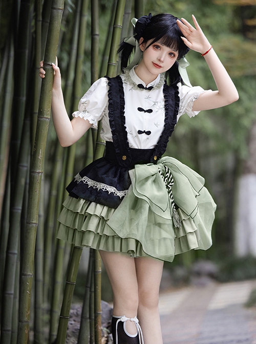 Linglong Series Black Green Chinoiserie Bamboo Leaf Print Elegant Cute Sweet Lolita Ruffles Strap Skirt Shirt Bowknot Set