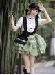 Linglong Series Black Green Chinoiserie Bamboo Leaf Print Elegant Cute Sweet Lolita Ruffles Strap Skirt Shirt Bowknot Set