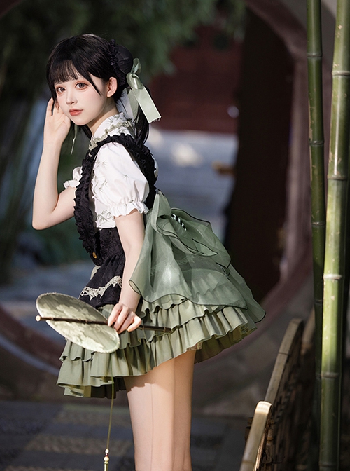 Linglong Series Black Green Chinoiserie Bamboo Leaf Print Elegant Cute Sweet Lolita Ruffles Strap Skirt Shirt Bowknot Set