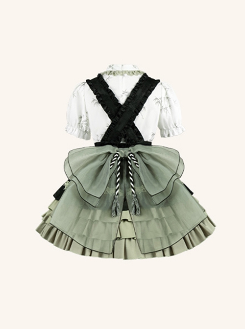 Linglong Series Black Green Chinoiserie Bamboo Leaf Print Elegant Cute Sweet Lolita Ruffles Strap Skirt Shirt Bowknot Set