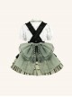 Linglong Series Black Green Chinoiserie Bamboo Leaf Print Elegant Cute Sweet Lolita Ruffles Strap Skirt Shirt Bowknot Set