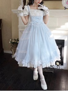 Confession Poem Series Blue Mesh Yarn Elegant Pastoral Style Classic Lolita Puff Sleeves Square Collar Bowknot Dress