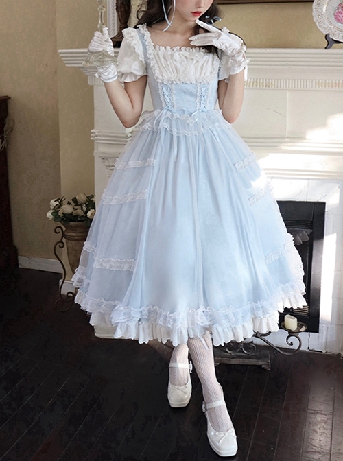 Confession Poem Series Blue Mesh Yarn Elegant Pastoral Style Classic Lolita Puff Sleeves Square Collar Bowknot Dress