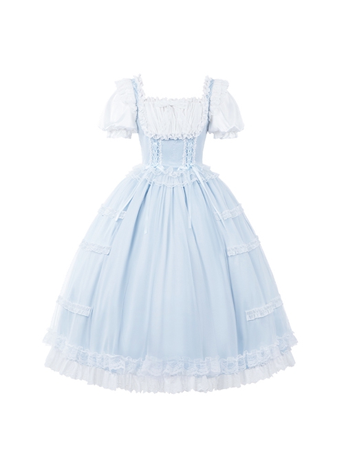 Confession Poem Series Blue Mesh Yarn Elegant Pastoral Style Classic Lolita Puff Sleeves Square Collar Bowknot Dress