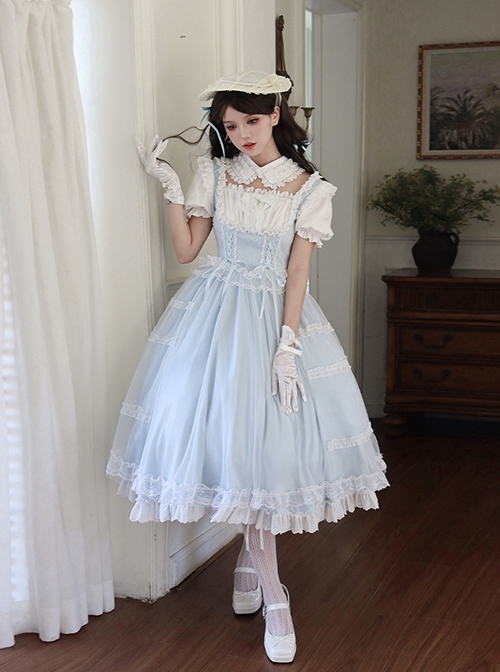 Confession Poem Series Blue Mesh Yarn Elegant Pastoral Style Classic Lolita Puff Sleeves Square Collar Bowknot Dress