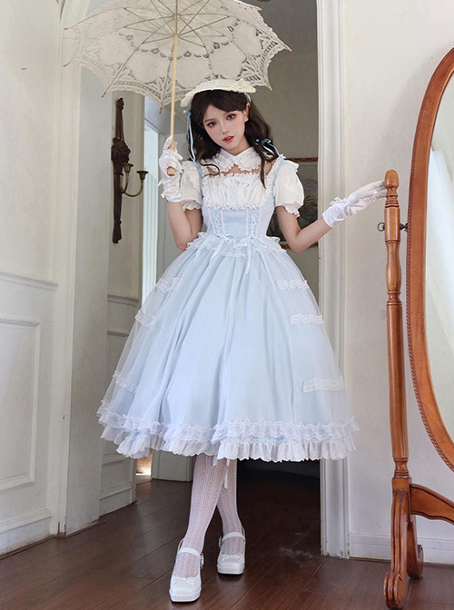 Confession Poem Series Blue Mesh Yarn Elegant Pastoral Style Classic Lolita Puff Sleeves Square Collar Bowknot Dress