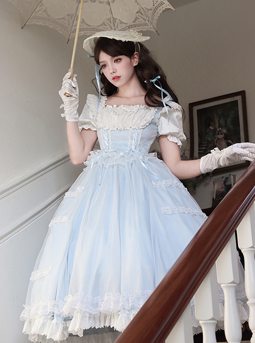 Confession Poem Series Blue Mesh Yarn Elegant Pastoral Style Classic Lolita Puff Sleeves Square Collar Bowknot Dress