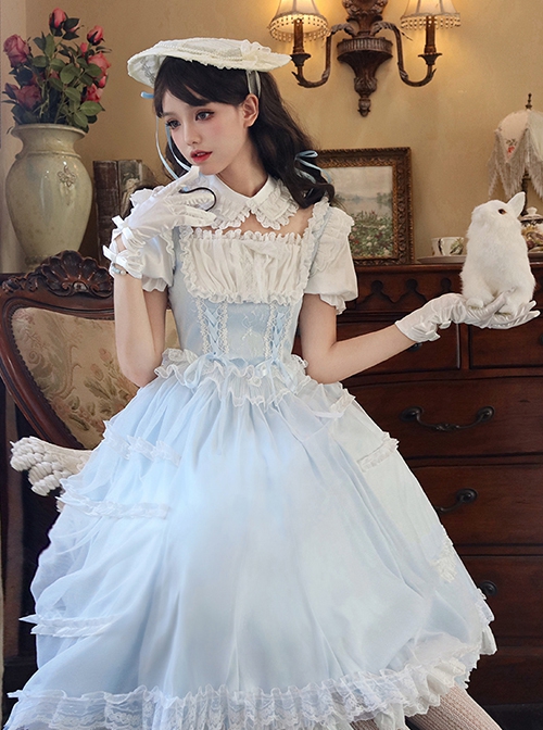 Confession Poem Series Blue Mesh Yarn Elegant Pastoral Style Classic Lolita Puff Sleeves Square Collar Bowknot Dress