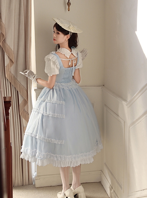 Confession Poem Series Blue Mesh Yarn Elegant Pastoral Style Classic Lolita Puff Sleeves Square Collar Bowknot Dress