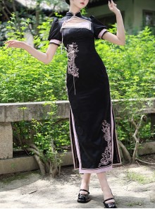 Delicate Dragon Series Black Pink Chinese Style Dragon Embroidery Elegant Lolita Puff Sleeves Sexy Improved Cheongsam