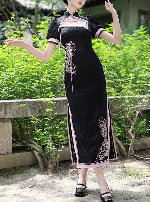 Delicate Dragon Series Black Pink Chinese Style Dragon Embroidery Elegant Lolita Puff Sleeves Sexy Improved Cheongsam