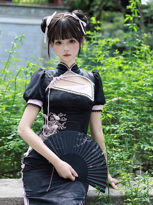 Delicate Dragon Series Black Pink Chinese Style Dragon Embroidery Elegant Lolita Puff Sleeves Sexy Improved Cheongsam